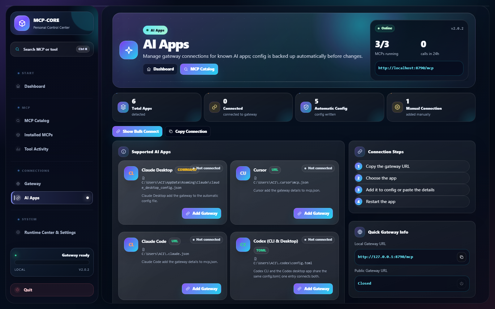 AI Applications — Connect AI apps through one local gateway.
