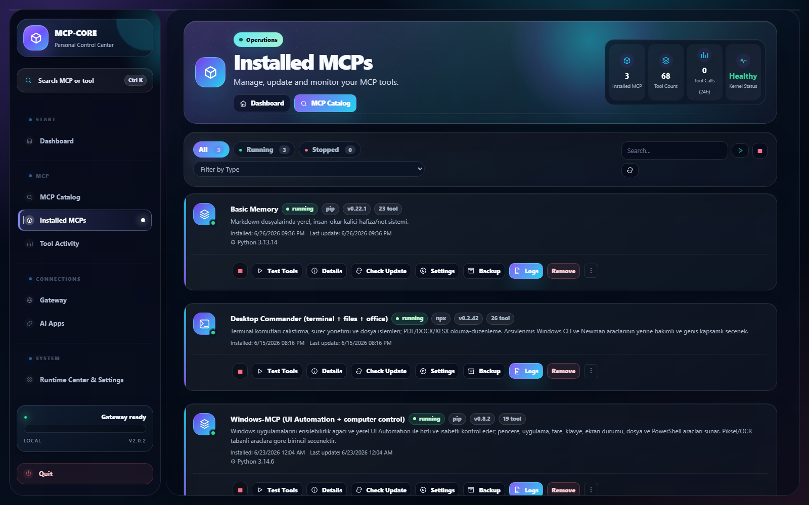 Installed MCP Servers — Start, stop and manage your installed MCP servers.