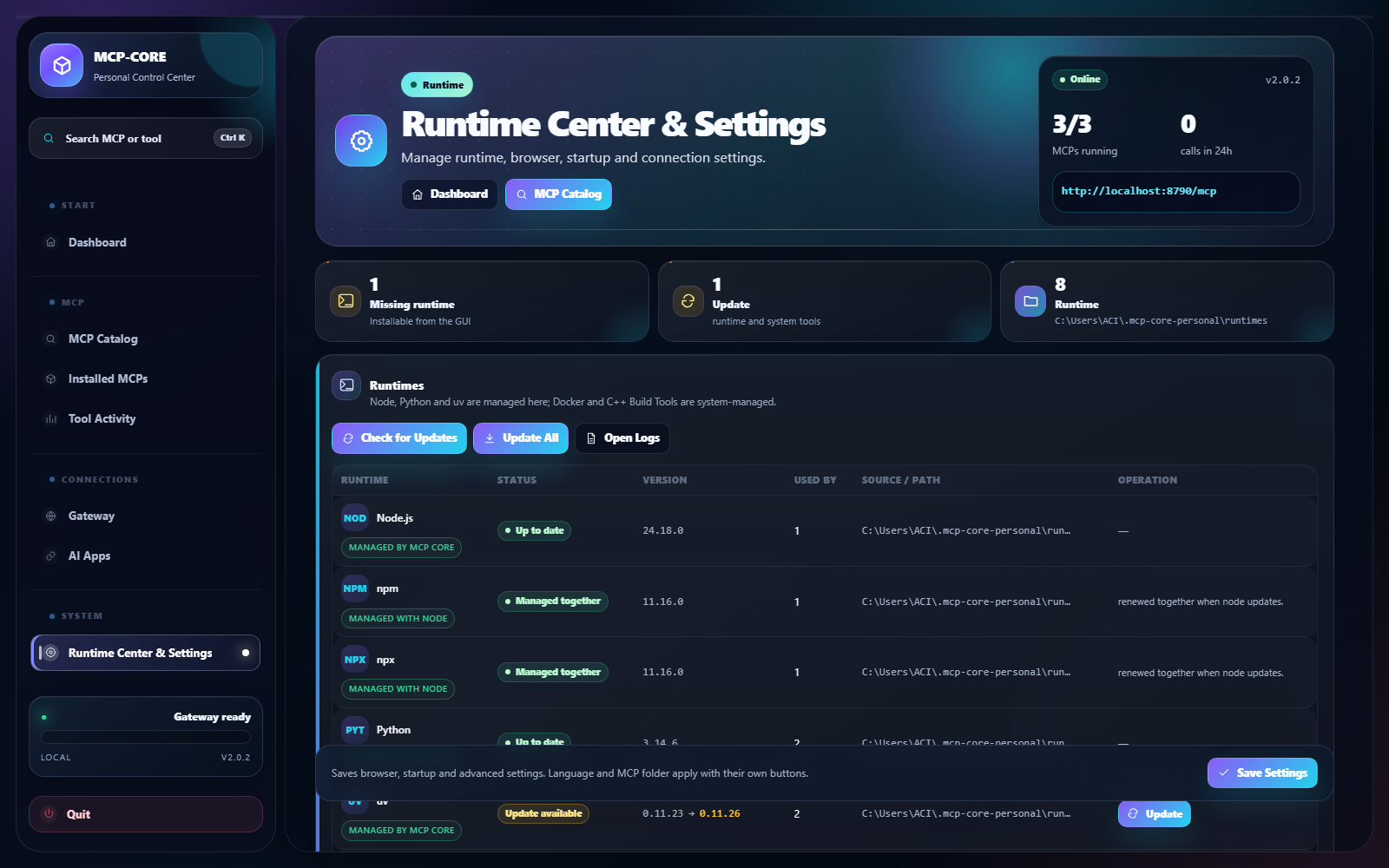 Runtime Center — Install missing runtimes and update existing runtimes from the GUI.